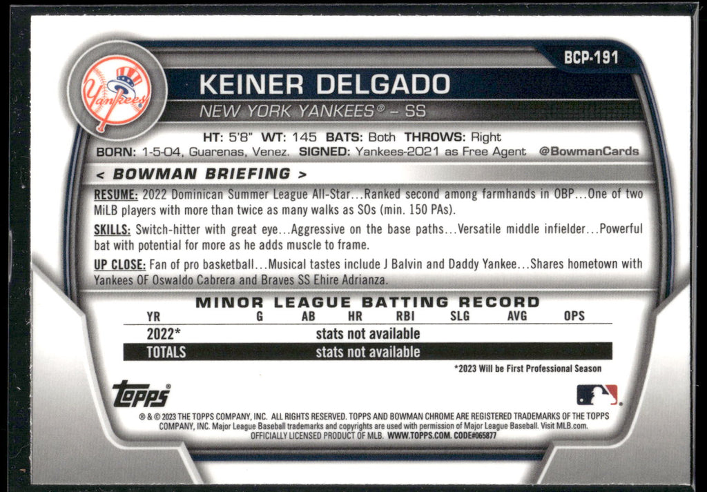 2023 Bowman Chrome #BCP-191 Keiner Delgado Prospects