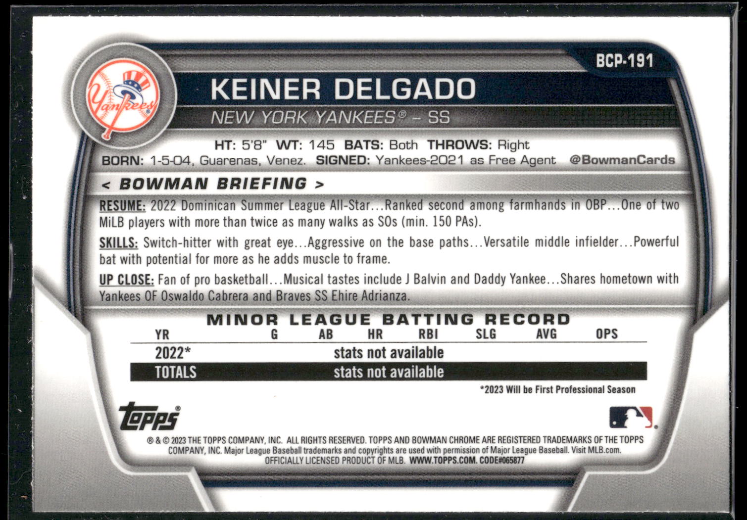 2023 Bowman Chrome #BCP-191 Keiner Delgado Prospects