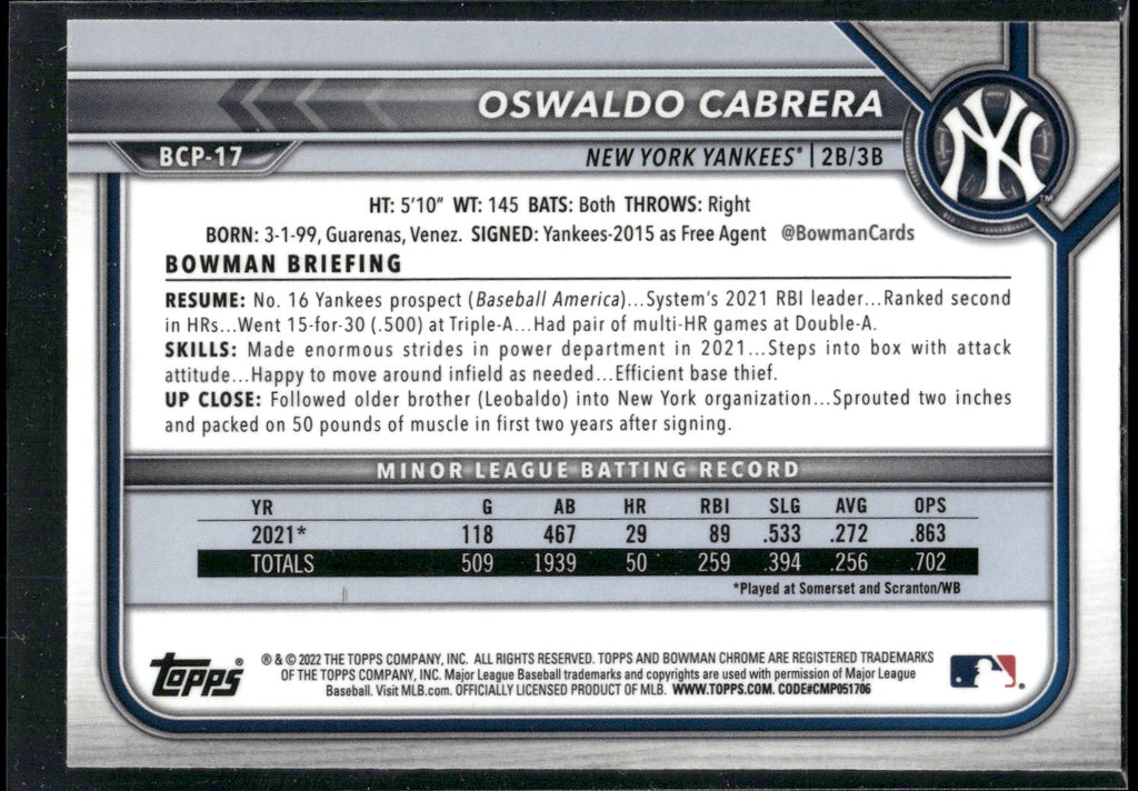 2022 Bowman #BCP-17 Oswaldo Cabrera Chrome Prospects