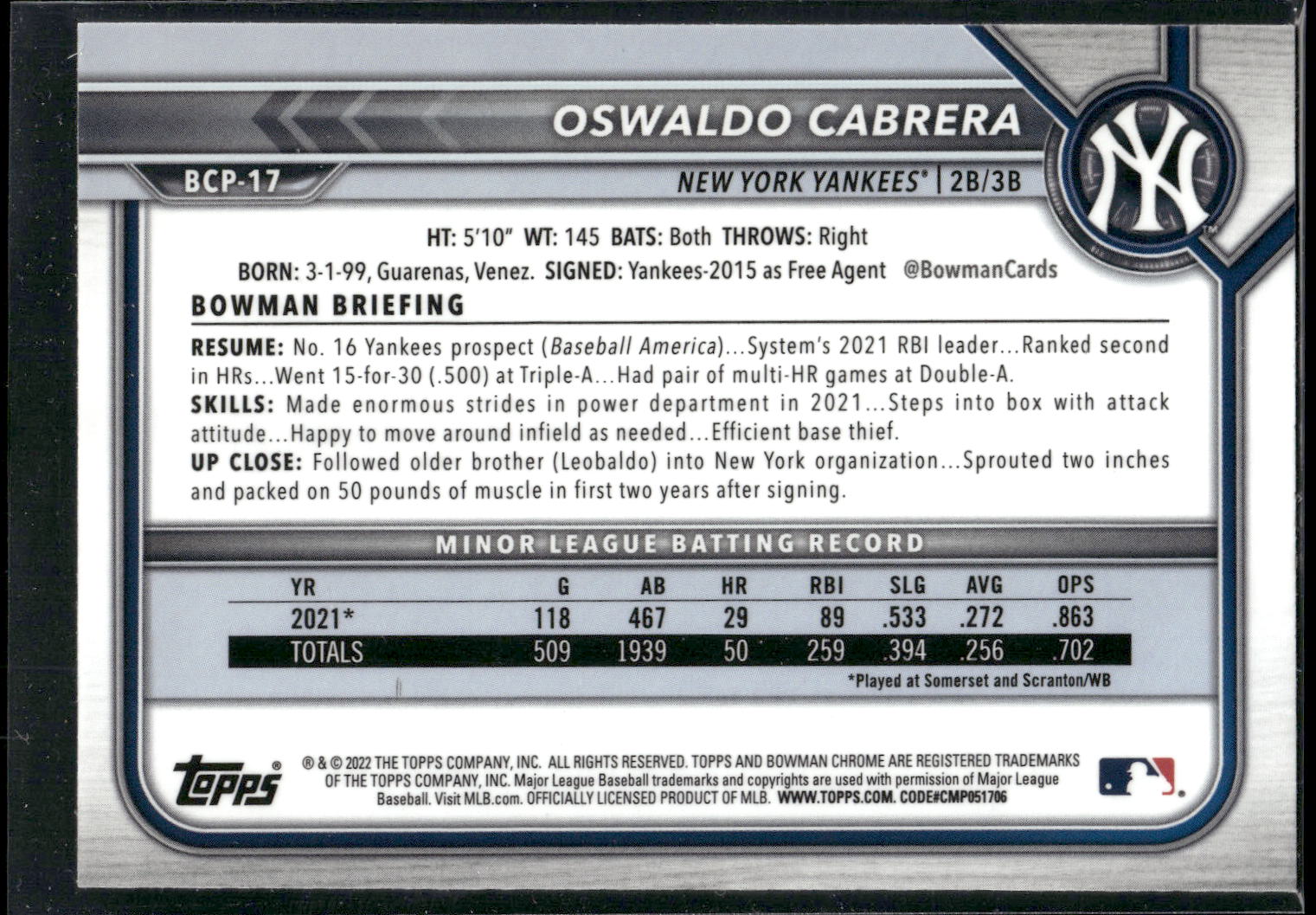 2022 Bowman #BCP-17 Oswaldo Cabrera Chrome Prospects