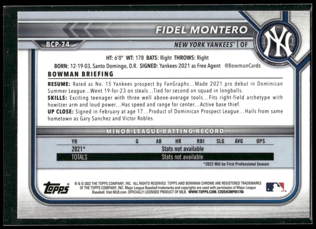 2022 Bowman #BCP-74 Fidel Montero Chrome Prospects
