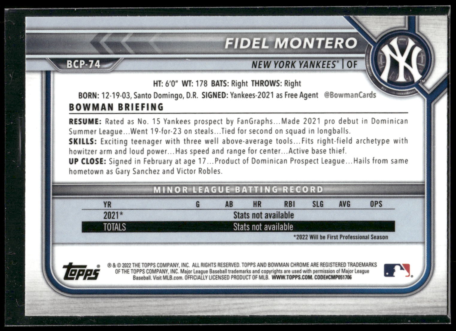 2022 Bowman #BCP-74 Fidel Montero Chrome Prospects