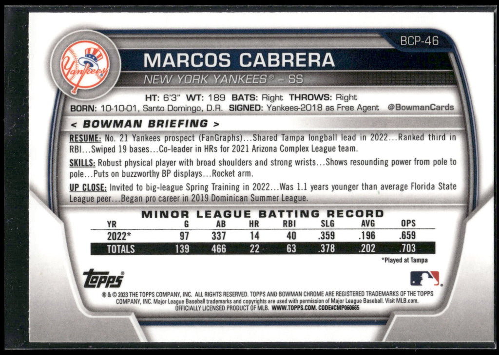 2023 Bowman #BCP-46 Marcos Cabrera Chrome Prospects