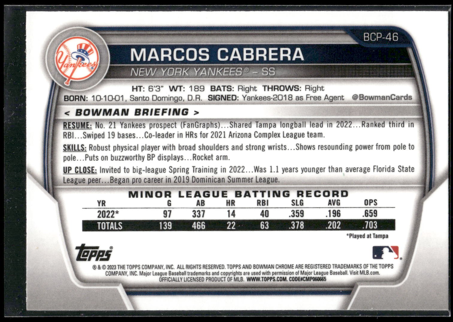 2023 Bowman #BCP-46 Marcos Cabrera Chrome Prospects