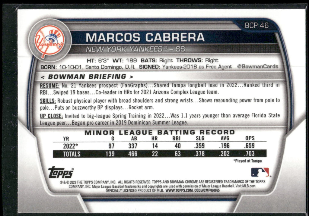 2023 Bowman #BCP-46 Marcos Cabrera Chrome Prospects