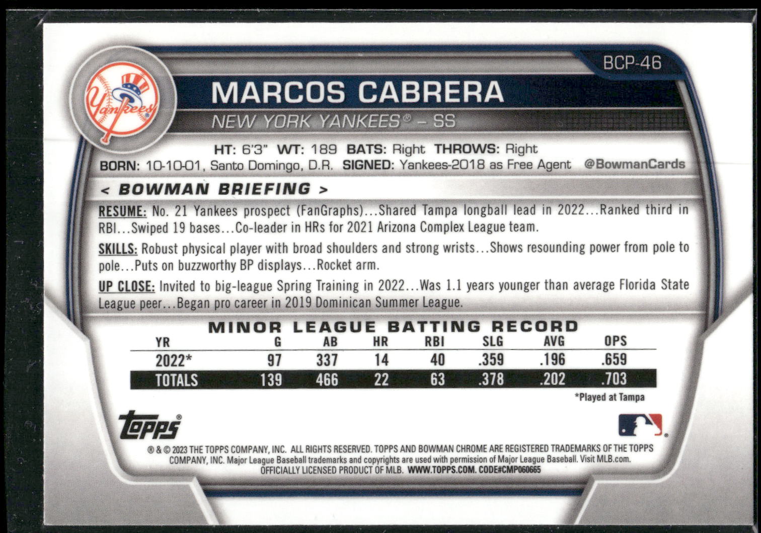 2023 Bowman #BCP-46 Marcos Cabrera Chrome Prospects