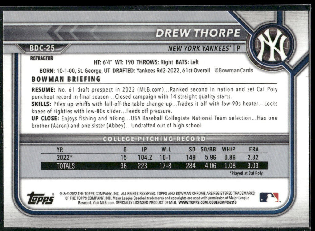 2022 Bowman Draft #BDC-25 Drew Thorpe Chrome