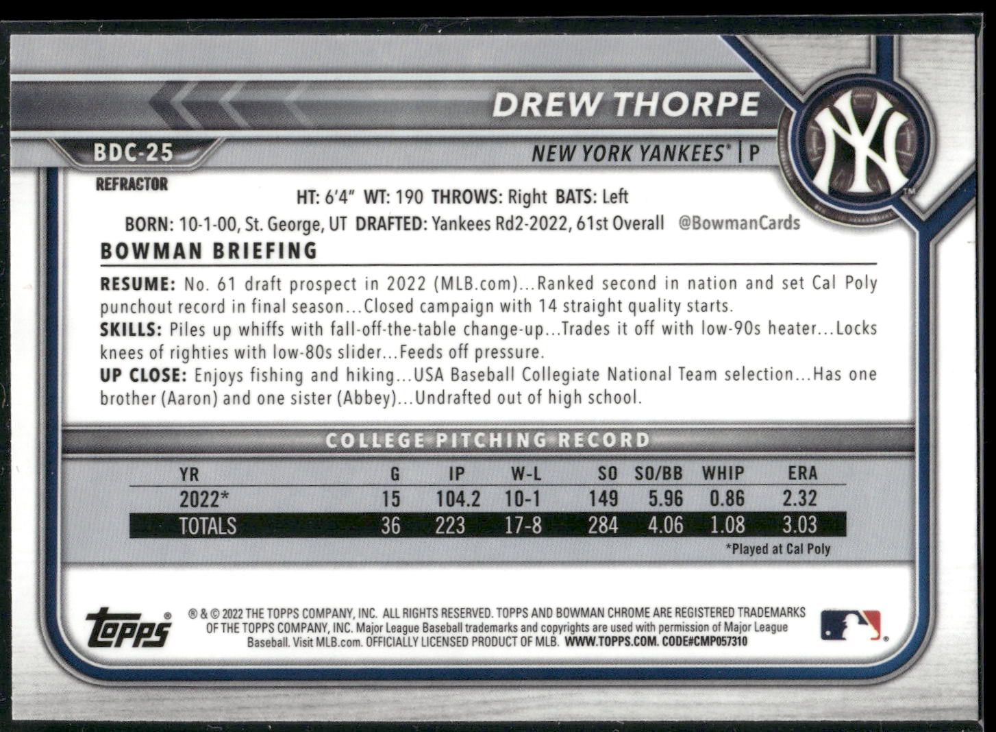 2022 Bowman Draft #BDC-25 Drew Thorpe Chrome