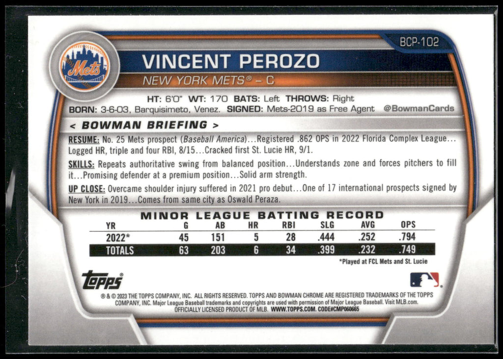 2023 Bowman #BCP-102 Vincent Perozo Chrome Prospects