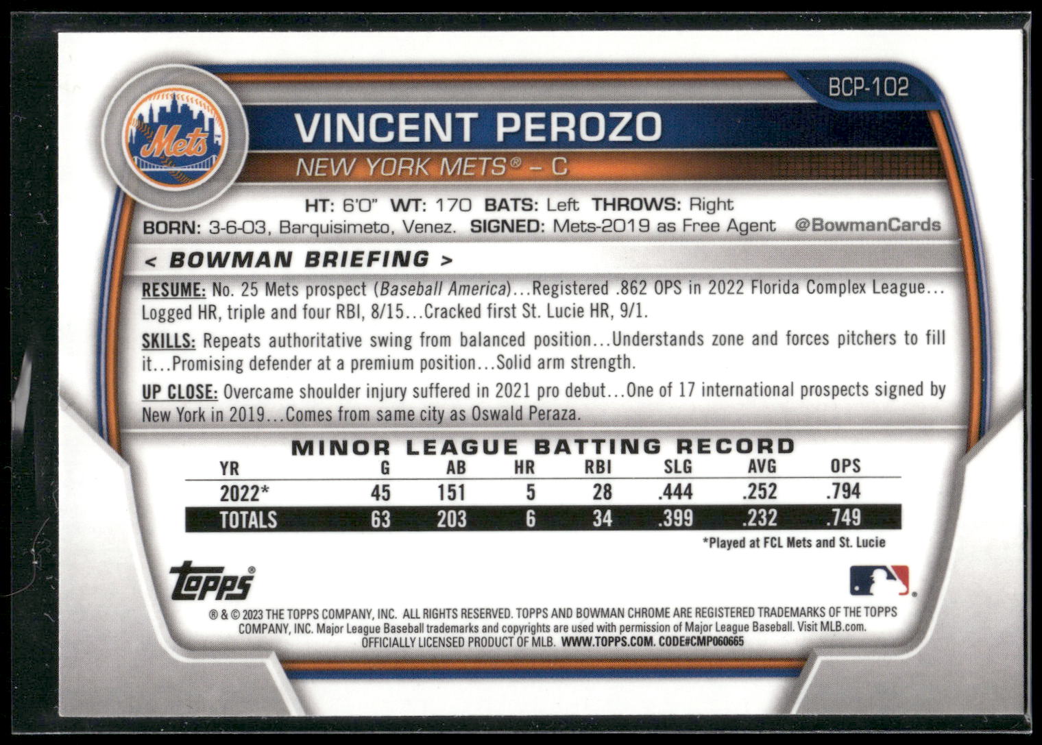 2023 Bowman #BCP-102 Vincent Perozo Chrome Prospects