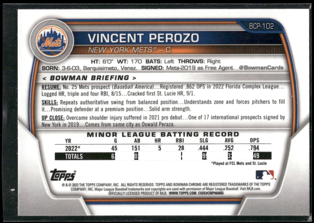 2023 Bowman #BCP-102 Vincent Perozo Chrome Prospects