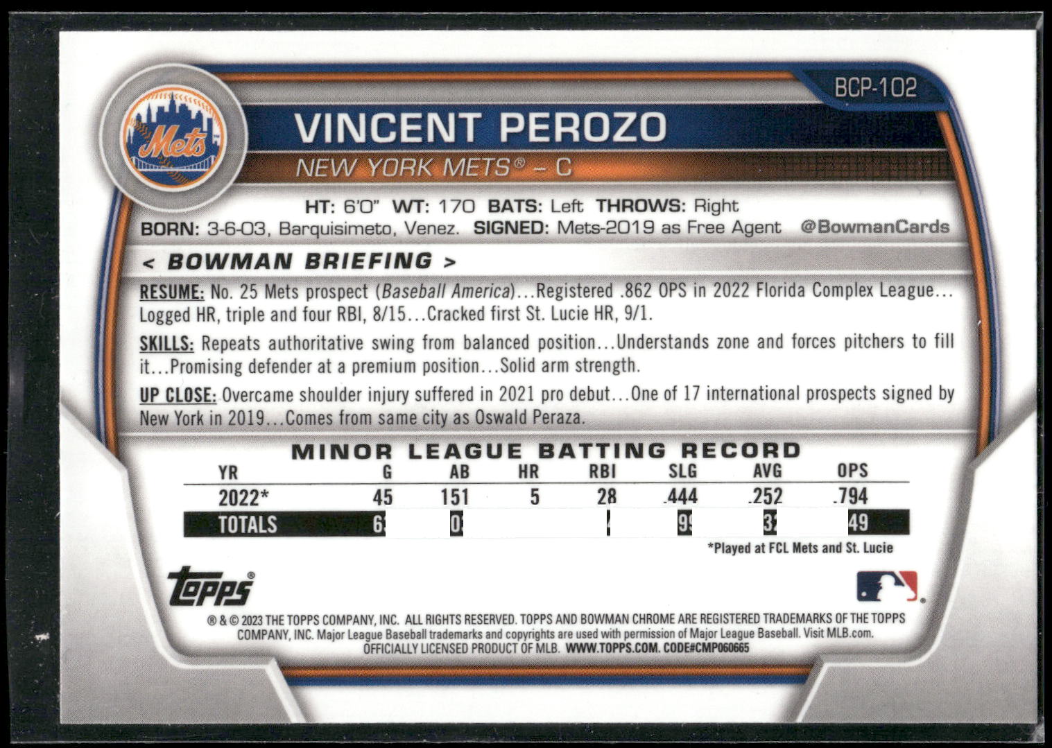 2023 Bowman #BCP-102 Vincent Perozo Chrome Prospects
