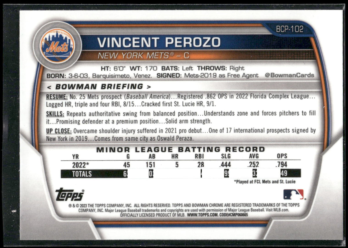 2023 Bowman #BCP-102 Vincent Perozo Chrome Prospects