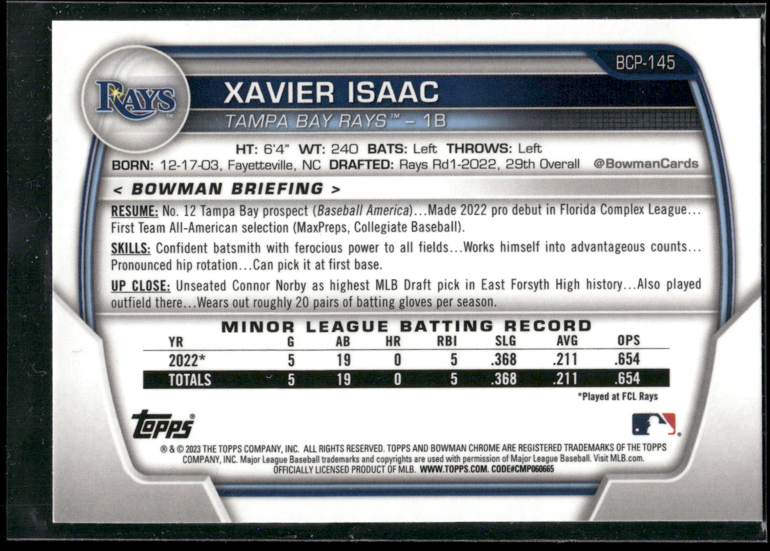 2023 Bowman #BCP-145 Xavier Isaac Chrome Prospects