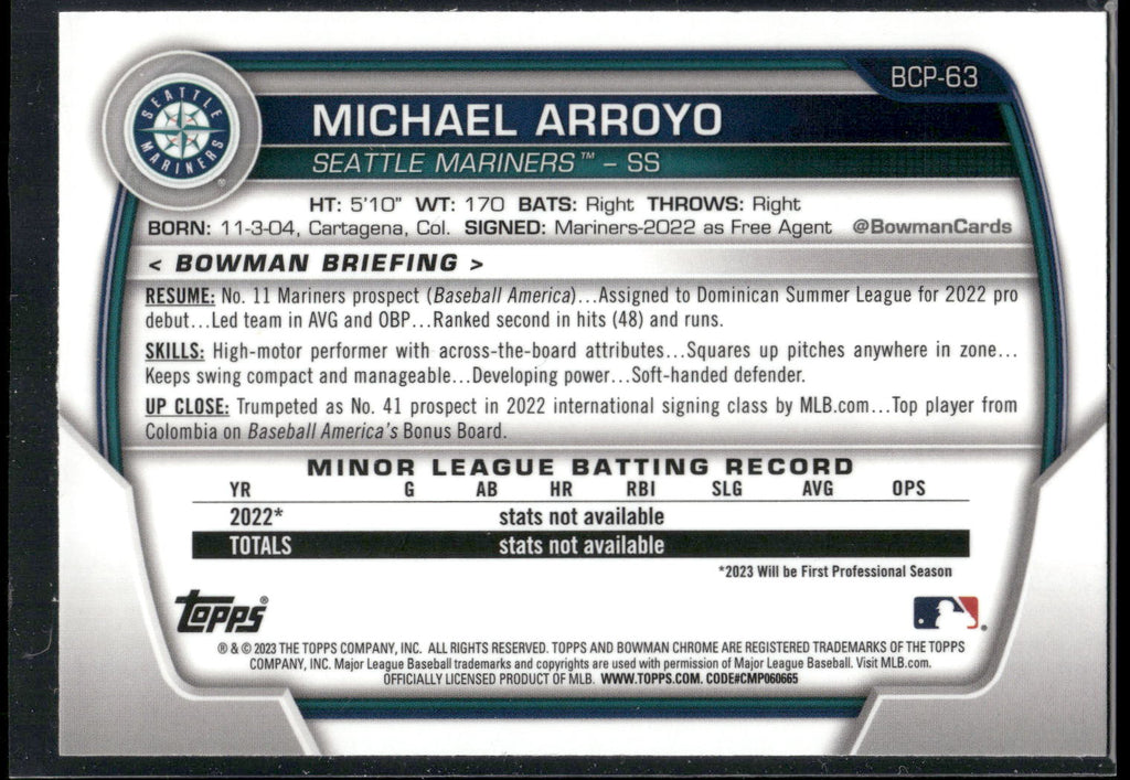2023 Bowman #BCP-63 Michael Arroyo Chrome Prospects