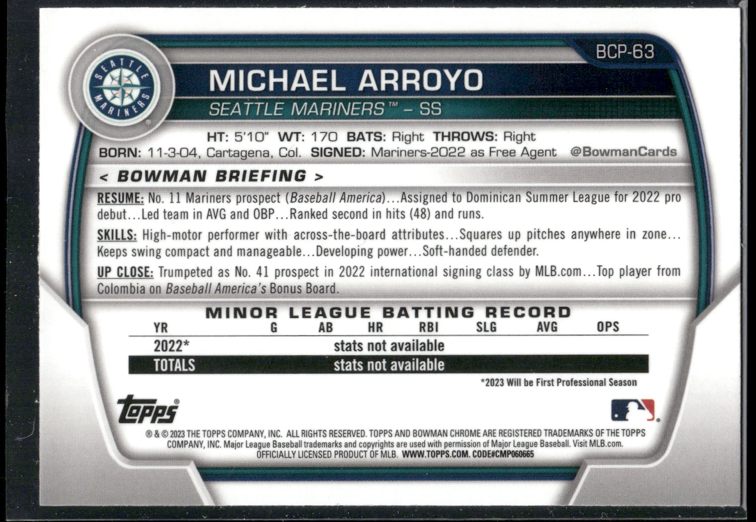 2023 Bowman #BCP-63 Michael Arroyo Chrome Prospects