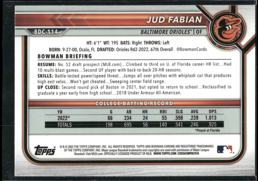 2022 Bowman Draft #BDC-114 Jud Fabian Chrome