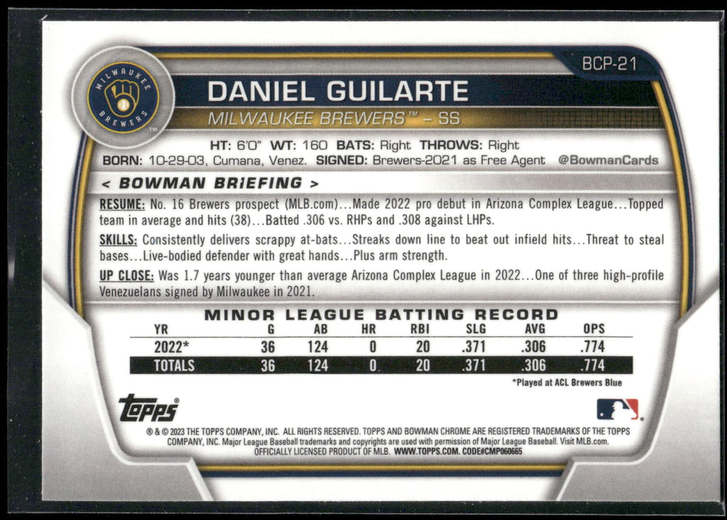 2023 Bowman #BCP-21 Daniel Guilarte Chrome Prospects