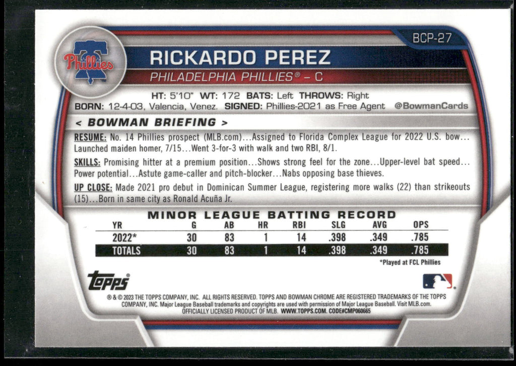2023 Bowman #BCP-27 Rickardo Perez Chrome Prospects