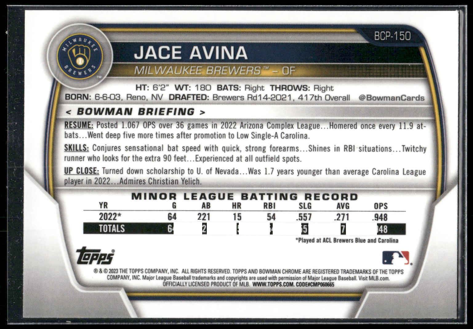 2023 Bowman #BCP-150 Jace Avina Chrome Prospects