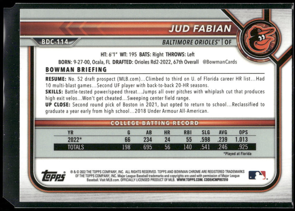 2022 Bowman Draft #BDC-114 Jud Fabian Chrome