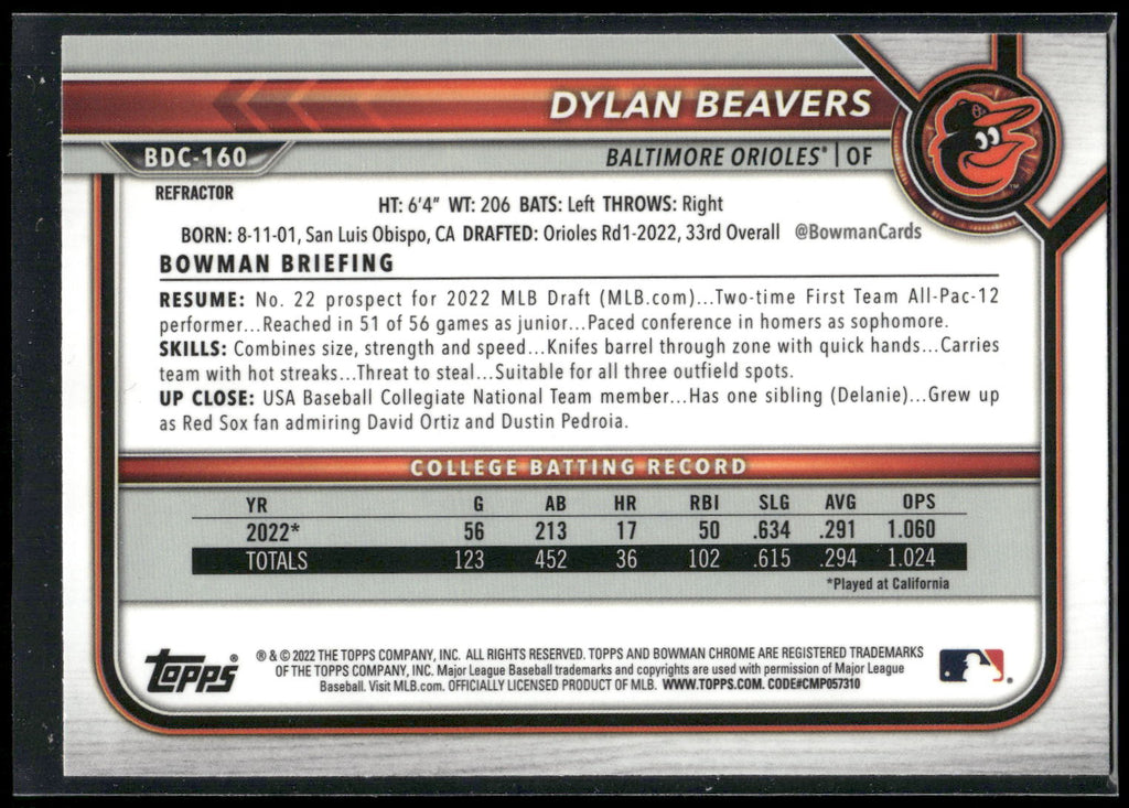 2022 Bowman Draft #BDC-160 Dylan Beavers Chrome Refractor
