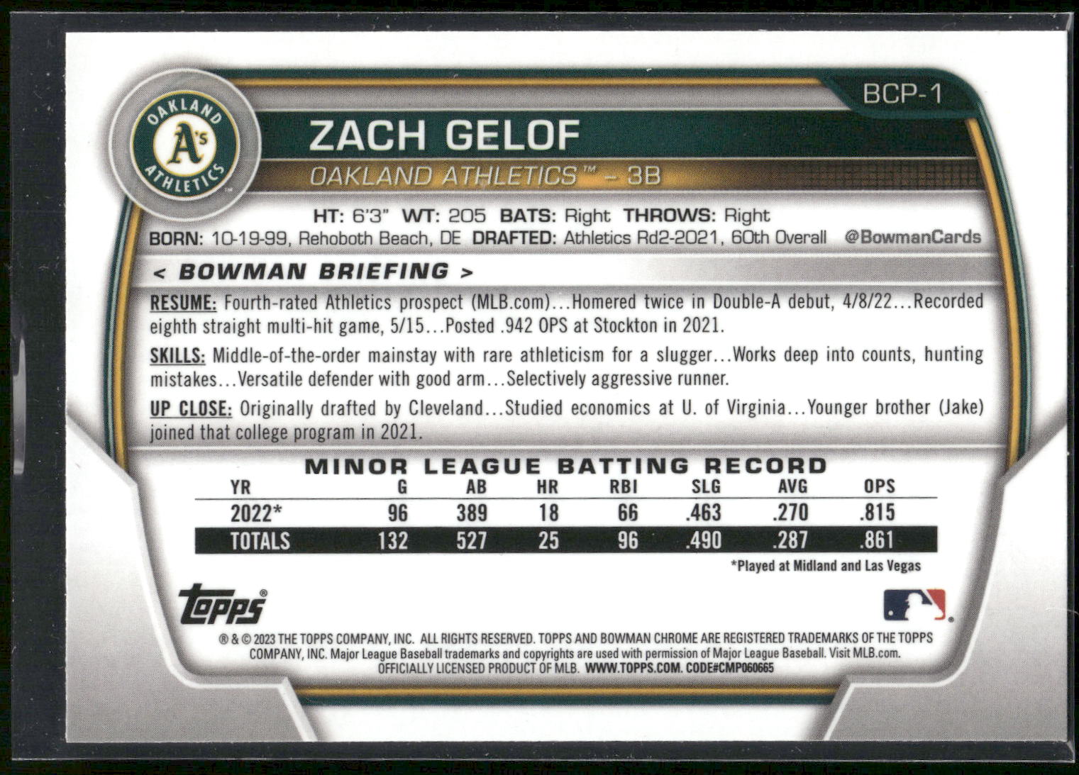 2023 Bowman #BCP-1 Zach Gelof Chrome Prospects