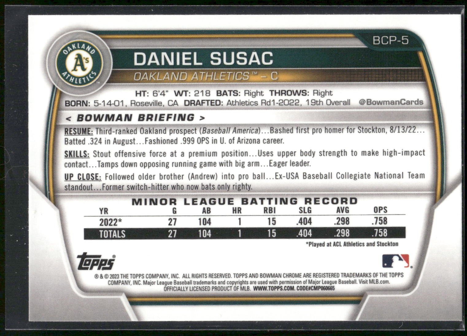 2023 Bowman #BCP-5 Daniel Susac Chrome Prospects