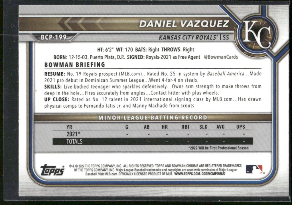 2022 Bowman Chrome #BCP-199 Daniel Vazquez Prospects