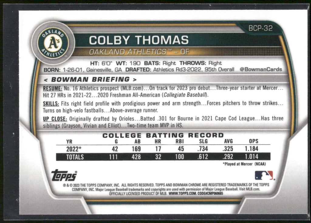 2023 Bowman #BCP-32 Colby Thomas Chrome Prospects
