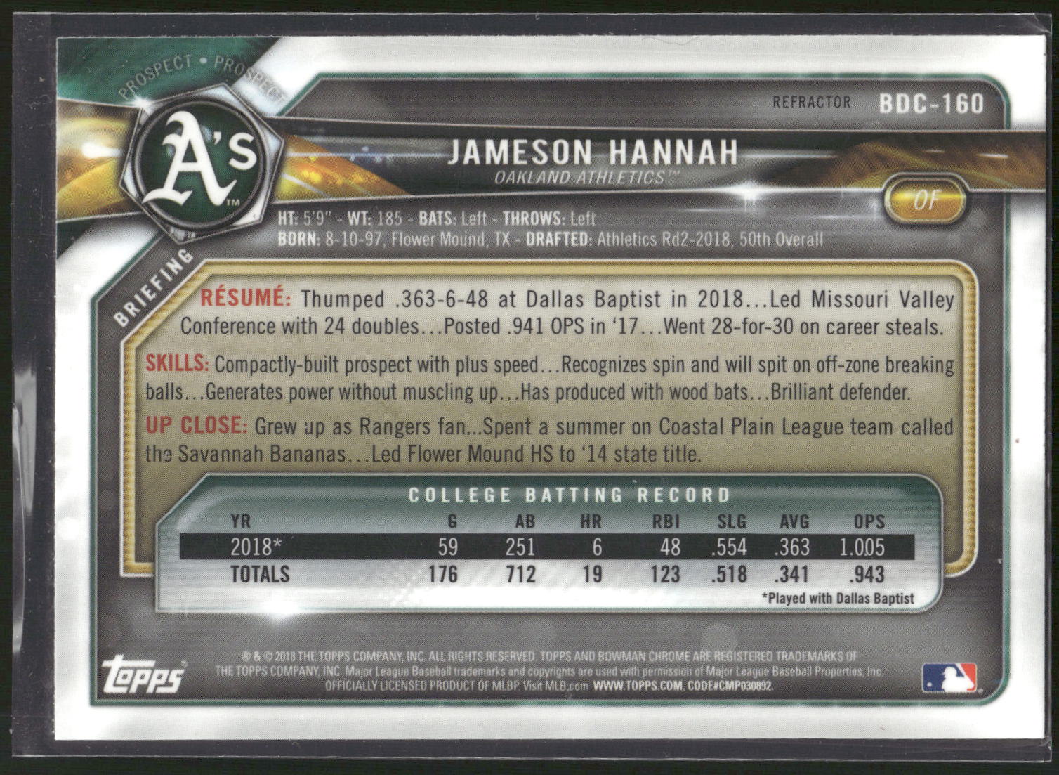 2018 Bowman Draft #BDC-160 Jameson Hannah Chrome