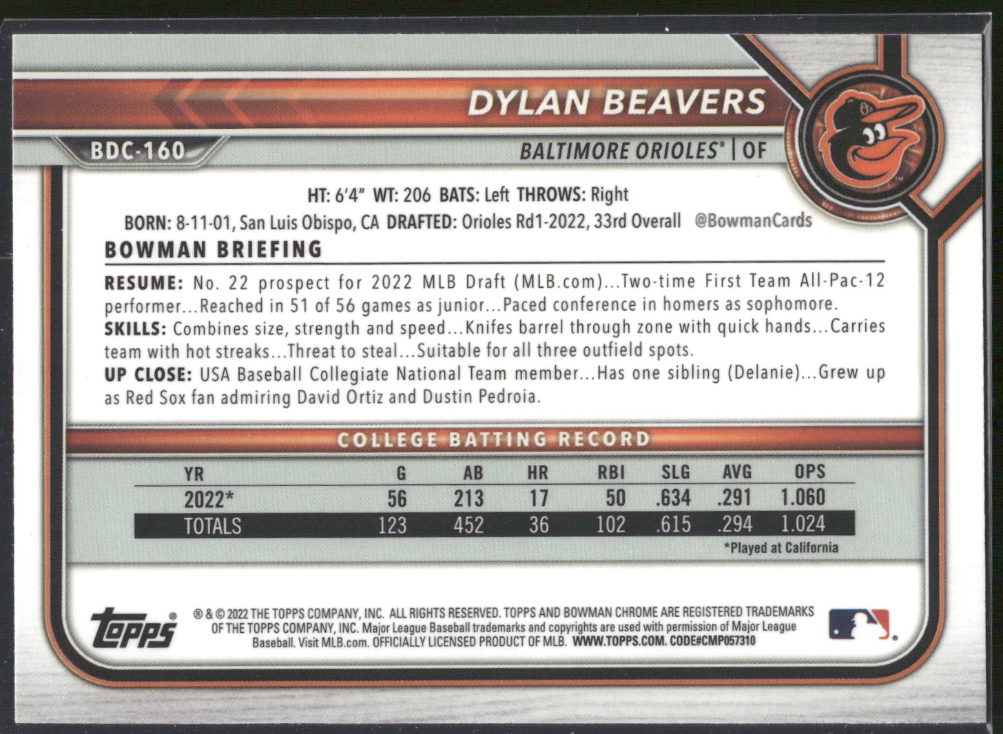 2022 Bowman Draft #BDC-160 Dylan Beavers Chrome