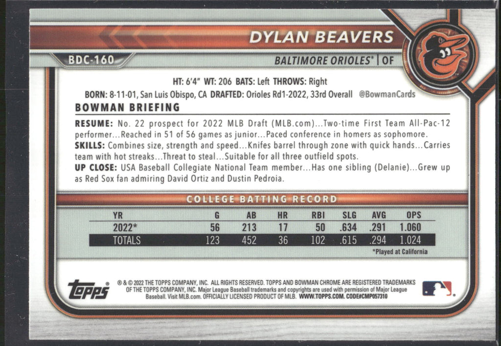 2022 Bowman Draft #BDC-160 Dylan Beavers Chrome