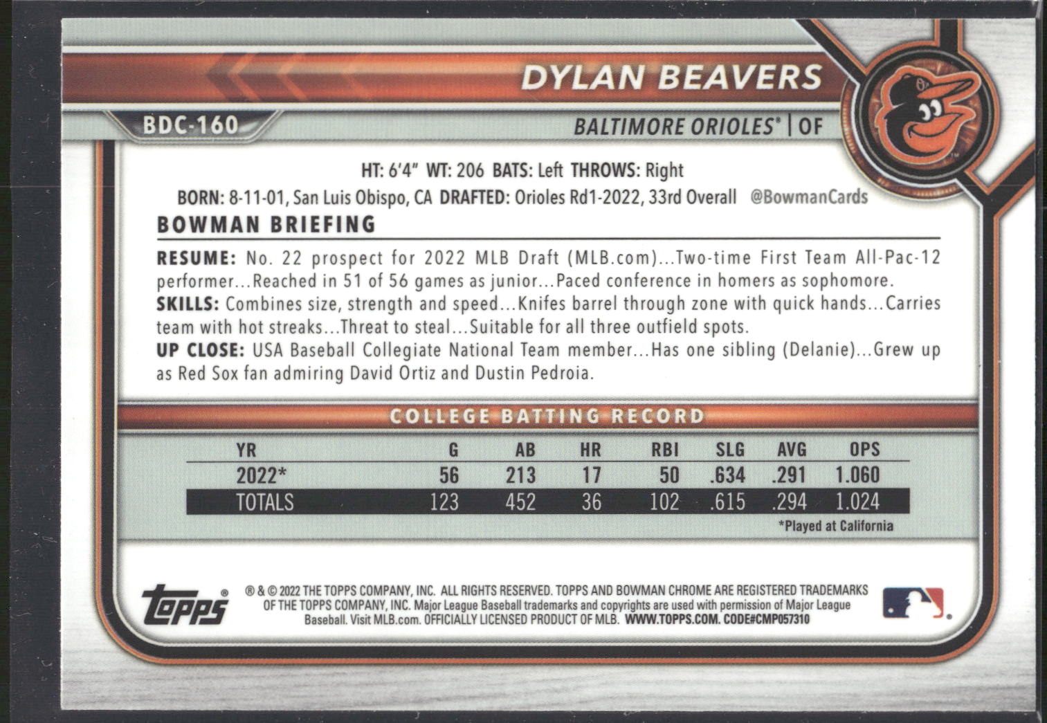 2022 Bowman Draft #BDC-160 Dylan Beavers Chrome