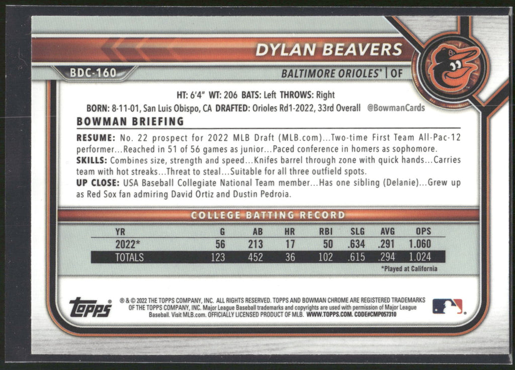2022 Bowman Draft #BDC-160 Dylan Beavers Chrome