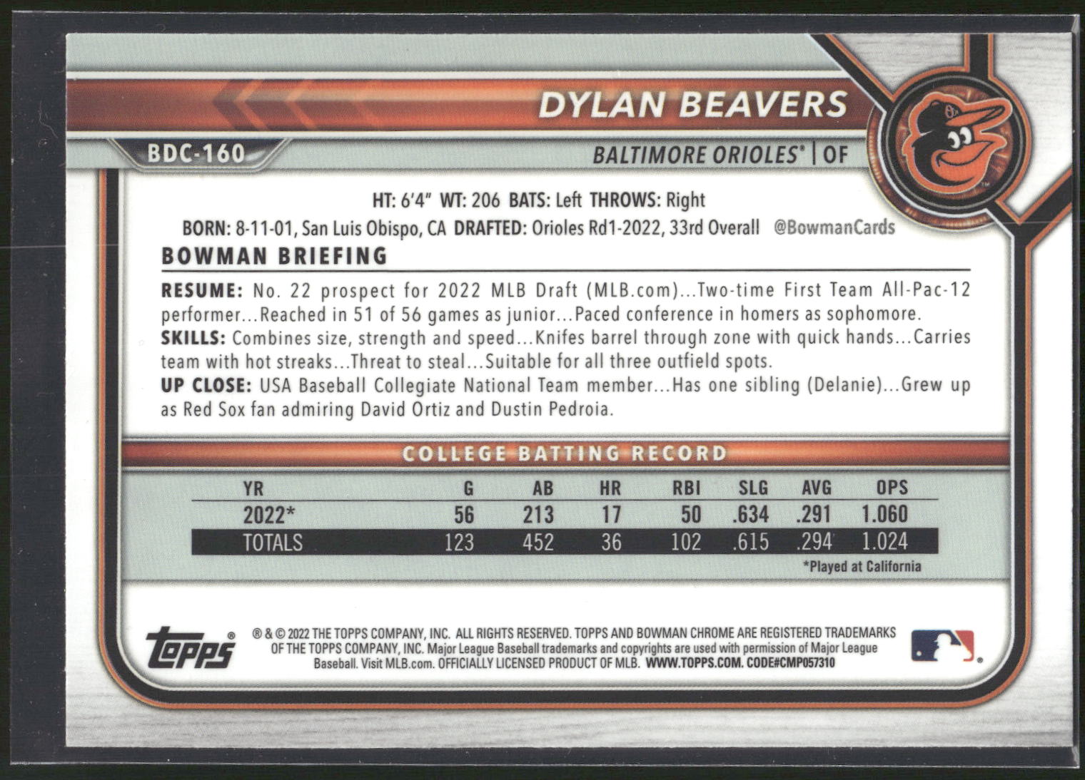2022 Bowman Draft #BDC-160 Dylan Beavers Chrome