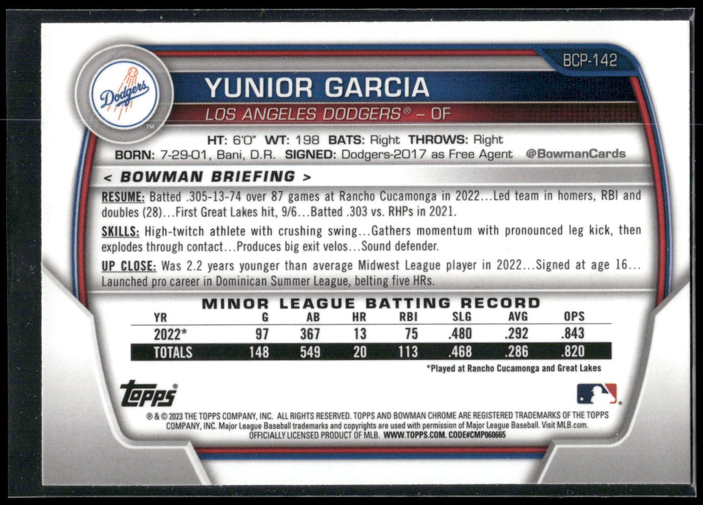 2023 Bowman #BCP-142 Yunior Garcia Chrome Prospects