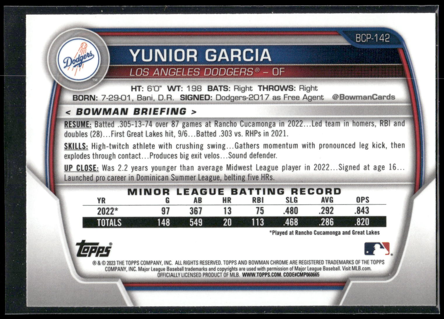 2023 Bowman #BCP-142 Yunior Garcia Chrome Prospects