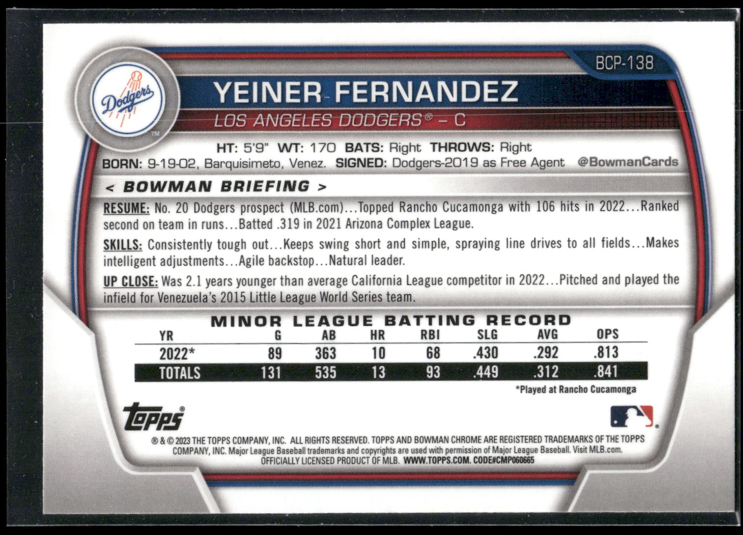 2023 Bowman #BCP-138 Yeiner Fernandez Chrome Prospects