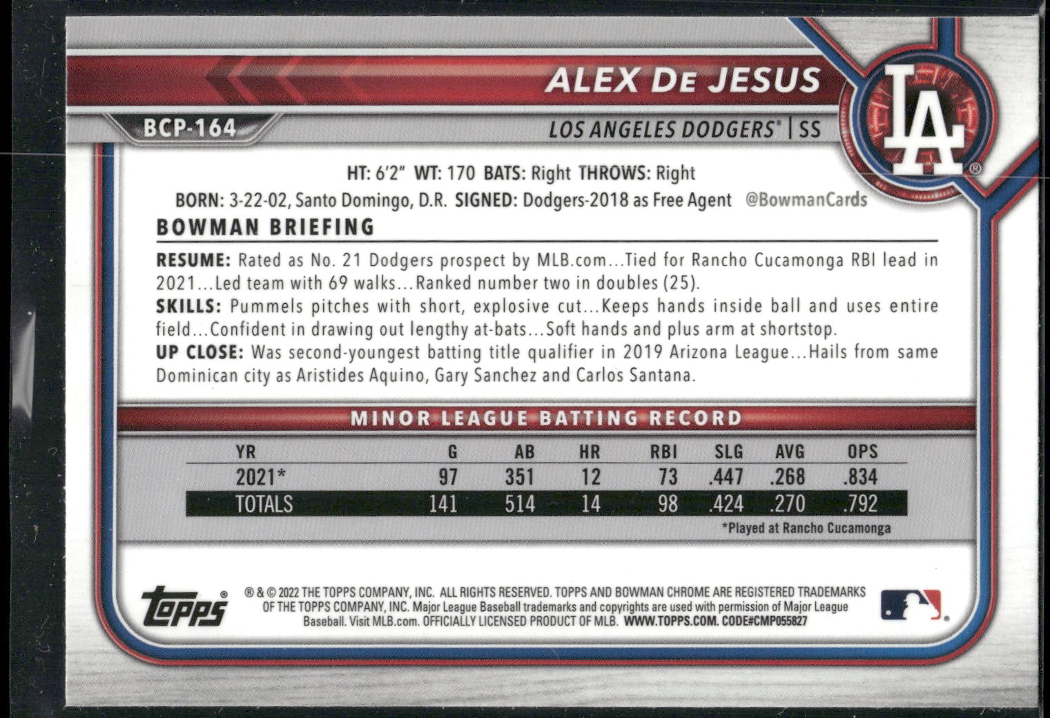 2022 Bowman Chrome #BCP-164 Alex De Jesus Prospects