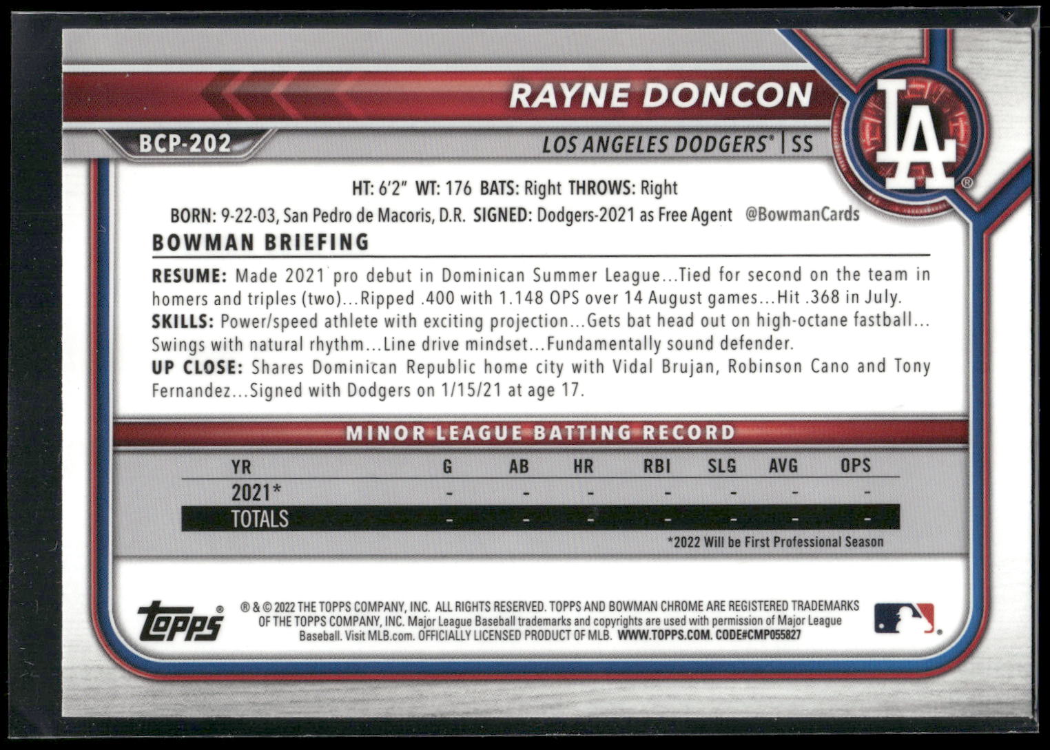 2022 Bowman Chrome #BCP-202 Rayne Doncon Prospects