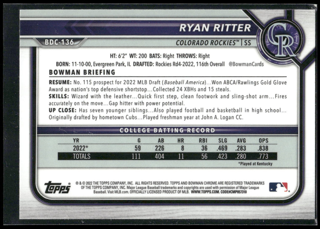 2022 Bowman Draft #BDC-136 Ryan Ritter Chrome