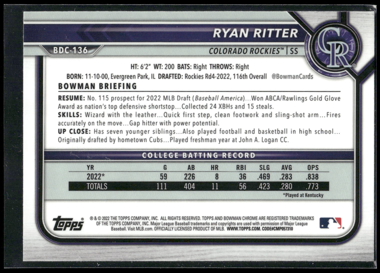 2022 Bowman Draft #BDC-136 Ryan Ritter Chrome