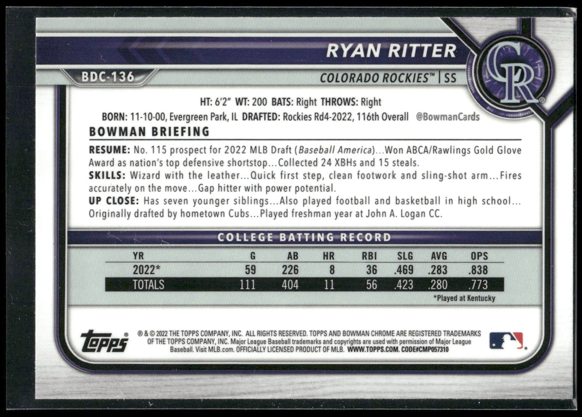 2022 Bowman Draft #BDC-136 Ryan Ritter Chrome