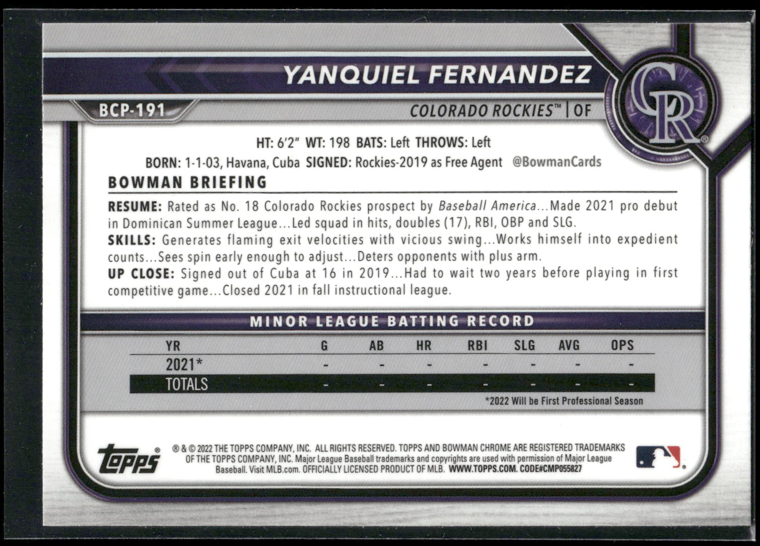 2022 Bowman Chrome #BCP-191 Yanquiel Fernandez Prospects