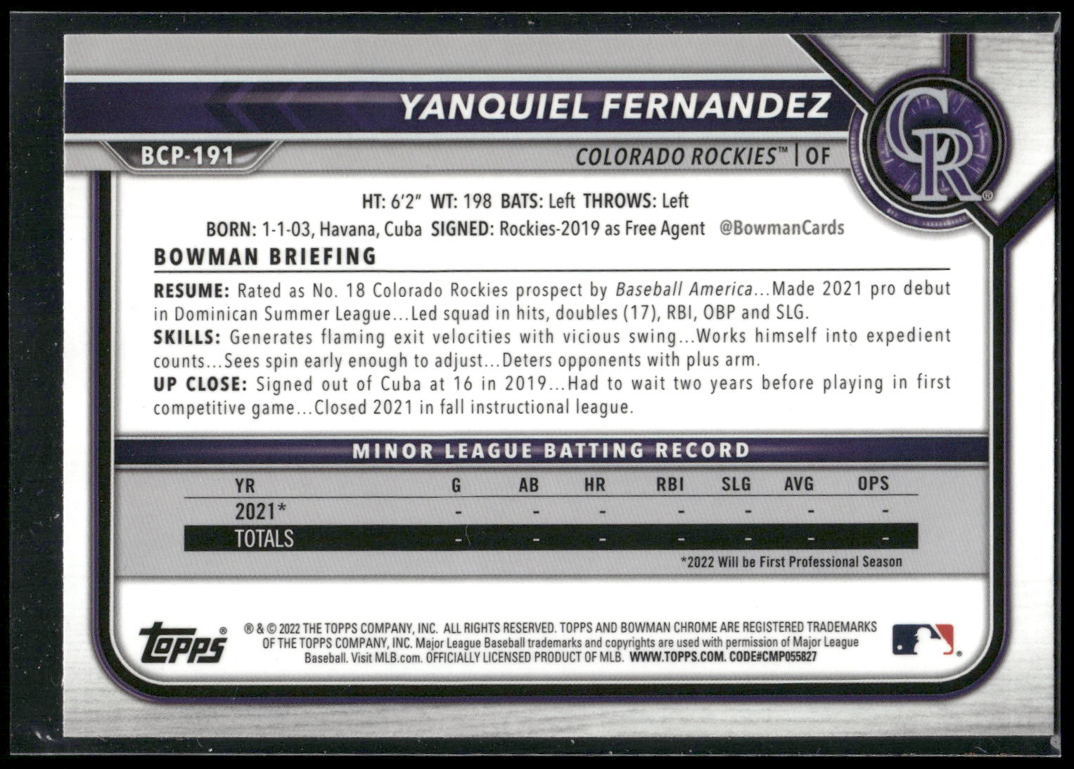 2022 Bowman Chrome #BCP-191 Yanquiel Fernandez Prospects