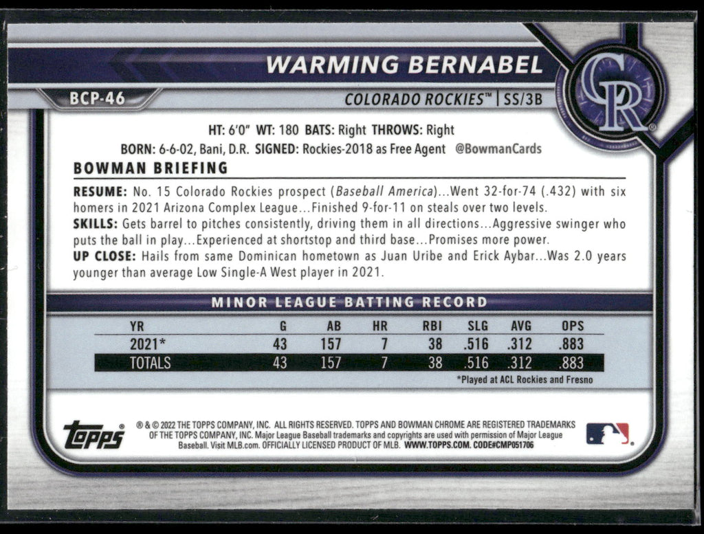 2022 Bowman #BCP-46 Warming Bernabel Chrome Prospects