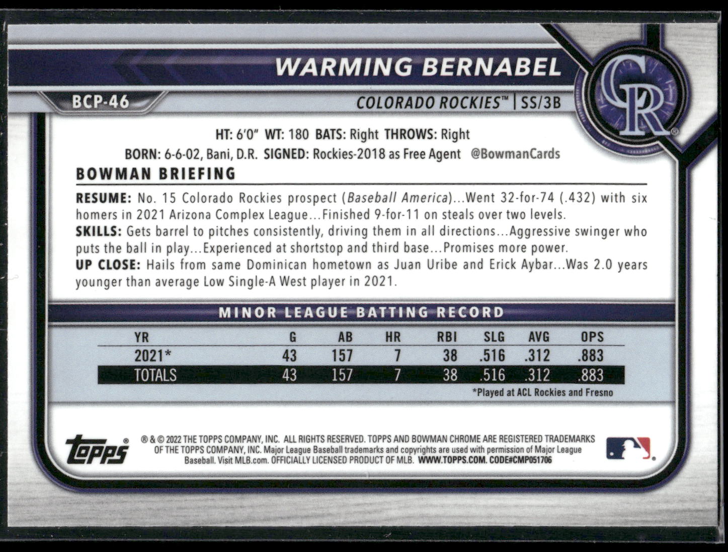 2022 Bowman #BCP-46 Warming Bernabel Chrome Prospects