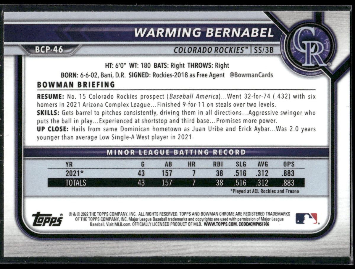 2022 Bowman #BCP-46 Warming Bernabel Chrome Prospects