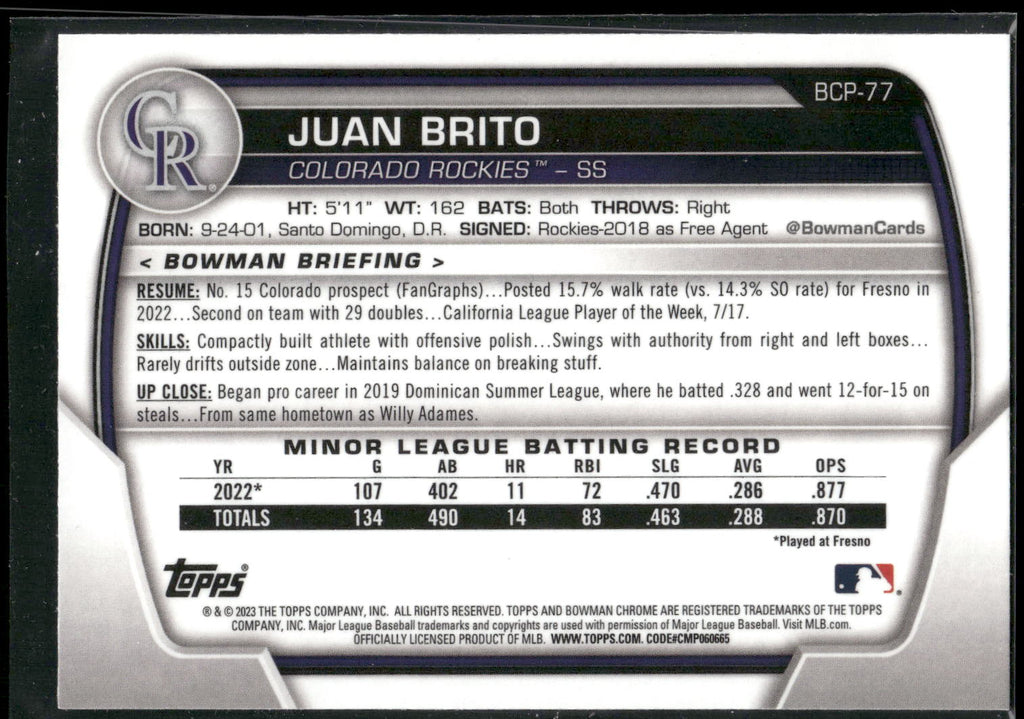 2023 Bowman #BCP-77 Juan Brito Chrome Prospects
